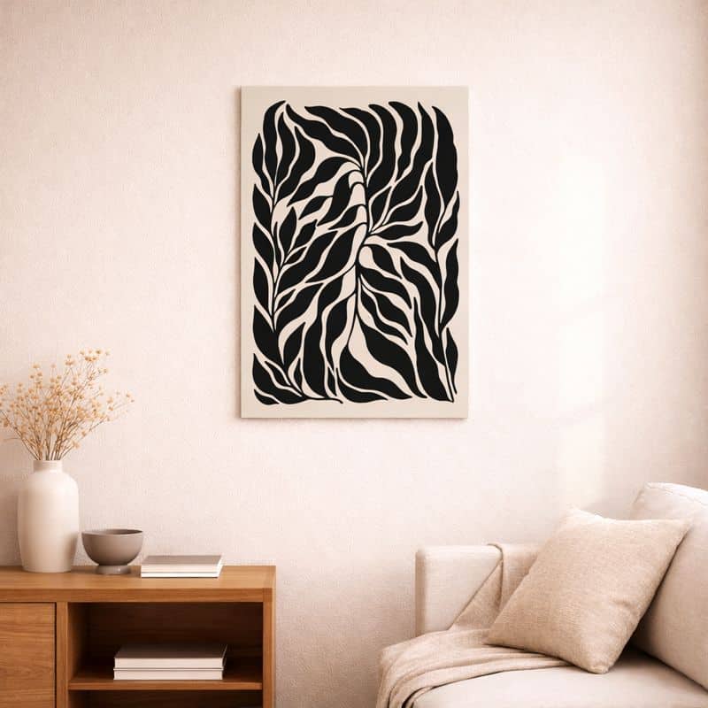 nordic-minimal-abstract-art-scene-10060 北欧ミニマルなリビング空間に飾られた、ブラックリーフフォルムの抽象アート(A3サイズ相当)。