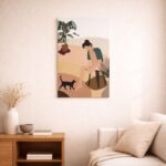 北欧ミニマルなリビング空間に飾られた、人物と植物を描いた抽象アート（A3サイズ相当）。