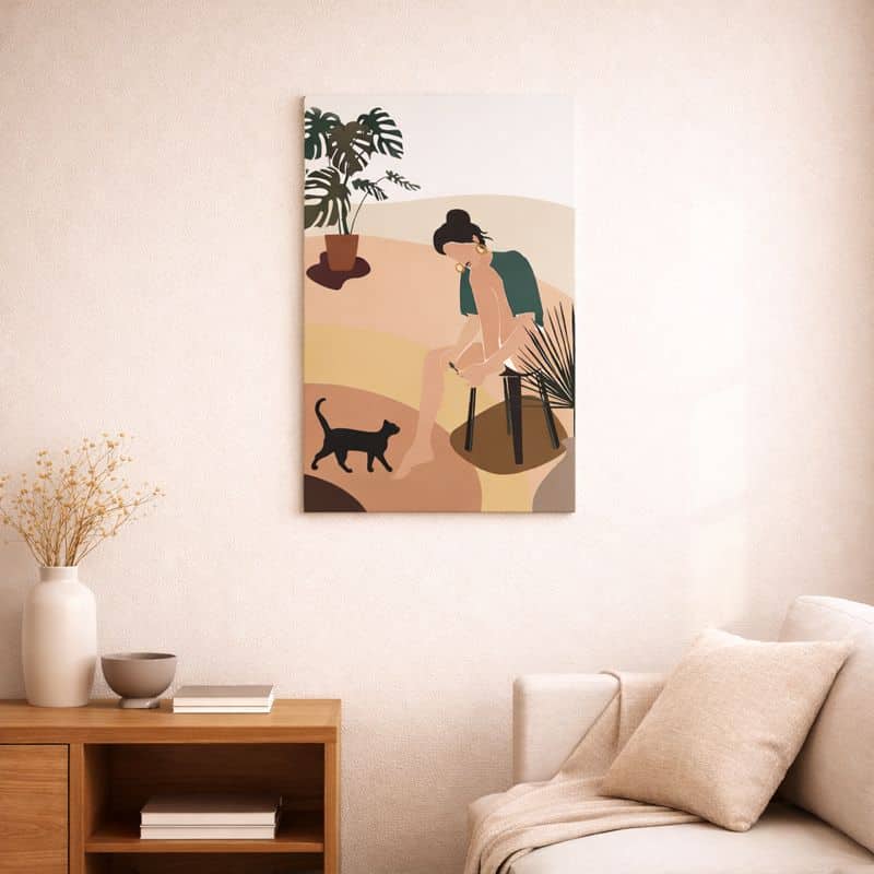 nordic-minimal-abstract-art-scene-10062 北欧ミニマルなリビング空間に飾られた、人物と植物を描いた抽象アート(A3サイズ相当)。