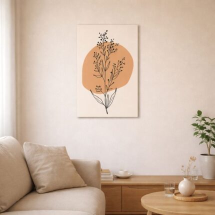 北欧ミニマルなリビング空間に飾られた、ブラックラインのボタニカルモチーフ 抽象アート（A3サイズ相当）。