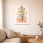 北欧ミニマルなリビング空間に飾られた、ブラックラインと半円ジオメトリのボタニカル 抽象アート（A3サイズ相当）。