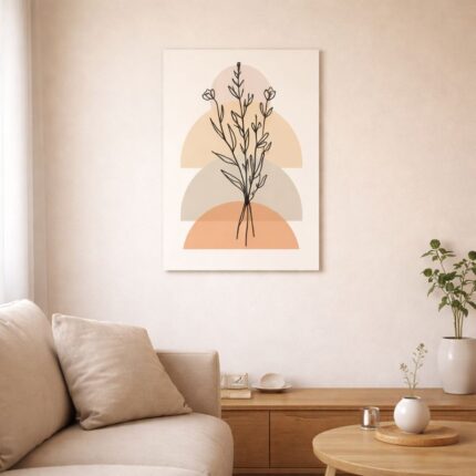 北欧ミニマルなリビング空間に飾られた、ブラックラインと半円ジオメトリのボタニカル 抽象アート（A3サイズ相当）。