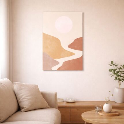 北欧ミニマルなリビング空間に飾られた、アースカラーの風景モチーフ 抽象アート（A3サイズ相当）。