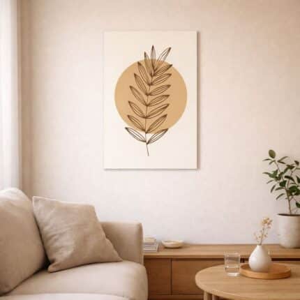 北欧ミニマルなリビング空間に飾られた、ブラウンラインのリーフモチーフ 抽象アート（A3サイズ相当）。
