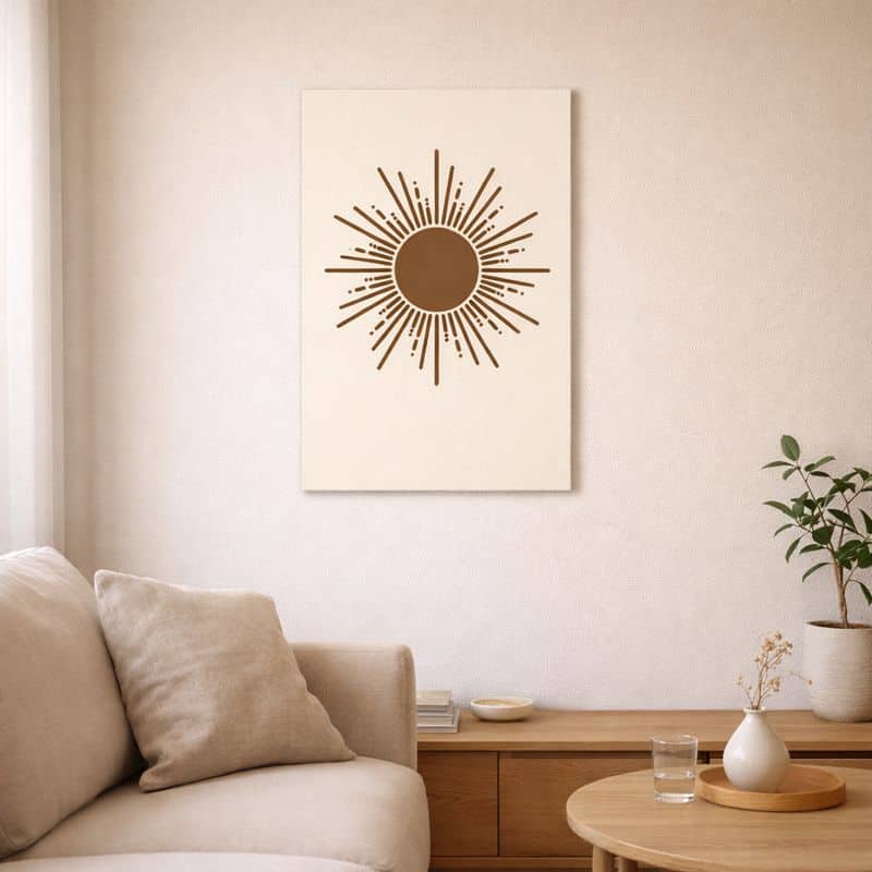 nordic-minimal-abstract-art-scene-10068 北欧ミニマルなリビング空間に飾られた、ブラウンラインのサンバースト 抽象アート(A3サイズ相当)。