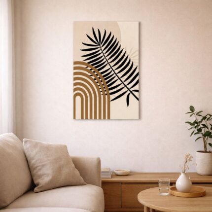 北欧ミニマルなリビング空間に飾られた、ブラックリーフとアーチジオメトリの抽象アート（A3サイズ相当）。