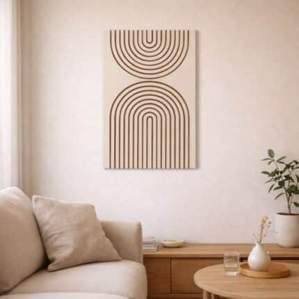 北欧ミニマルなリビング空間に飾られた、ブラウンラインのアーチパターン 抽象アート（A3サイズ相当）。