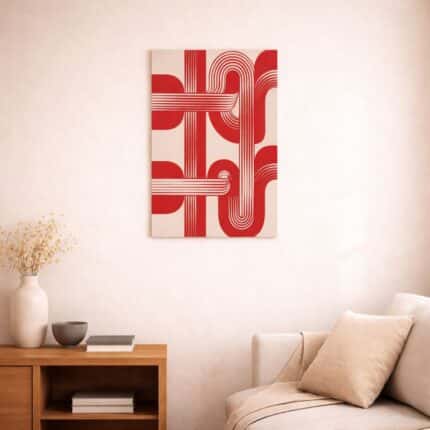 北欧ミニマルなリビング空間に飾られた、レッドラインの北欧ミニマル 抽象アート（A3サイズ相当）。