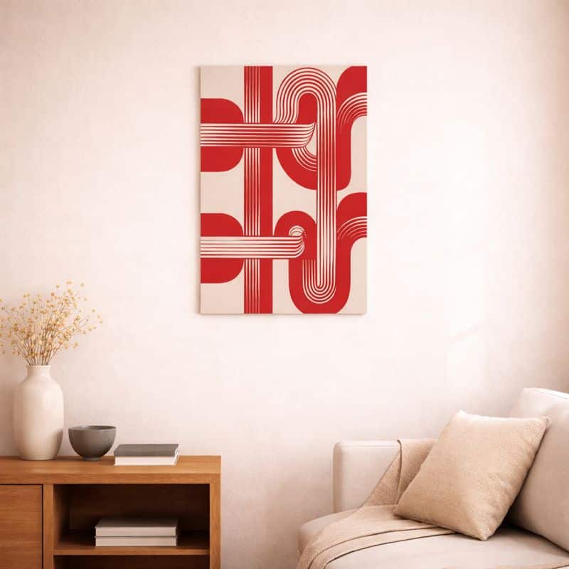 nordic-minimal-abstract-art-scene-10071 北欧ミニマルなリビング空間に飾られた、レッドラインの北欧ミニマル 抽象アート(A3サイズ相当)。