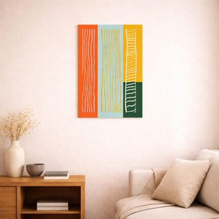 北欧ミニマルなリビング空間に飾られた、カラーストライプの抽象アート（A3サイズ相当）。