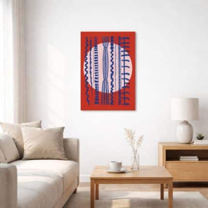 北欧ミニマルな空間に飾られた、レッドとブルーの縦ライン抽象アート（A3サイズ相当）。