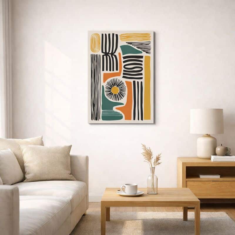 nordic-minimal-abstract-art-scene-10076 北欧ミニマルな空間に飾られた、マルチカラーシェイプの抽象アート(A3サイズ相当)。