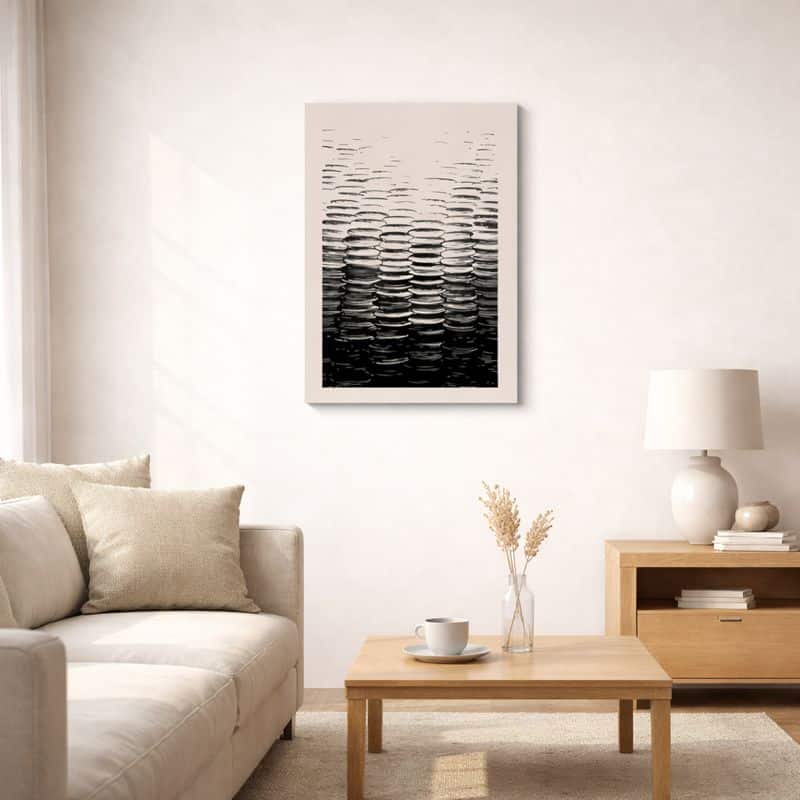 nordic-minimal-abstract-art-scene-10077 北欧ミニマルな空間に飾られた、ブラックラインのレイヤー抽象アート(A3サイズ相当)。