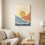 北欧ミニマルなリビング空間に飾られた、太陽モチーフの抽象アート（A3サイズ相当・無フレーム）。