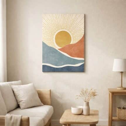 北欧ミニマルなリビング空間に飾られた、太陽モチーフの抽象アート（A3サイズ相当・無フレーム）。