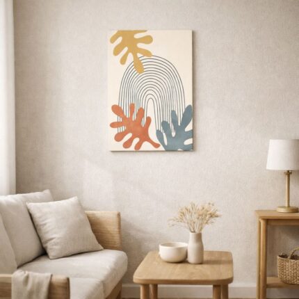 北欧ミニマルなリビング空間に飾られた、レインボーラインの抽象ボタニカルアート（A3サイズ相当・無フレーム）。