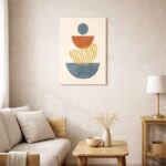 北欧ミニマルなリビング空間に飾られた、ジオメトリックなカラーブロック抽象アート（A3サイズ相当・無フレーム）。