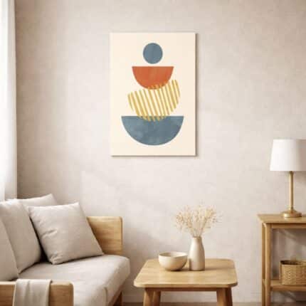 北欧ミニマルなリビング空間に飾られた、ジオメトリックなカラーブロック抽象アート（A3サイズ相当・無フレーム）。