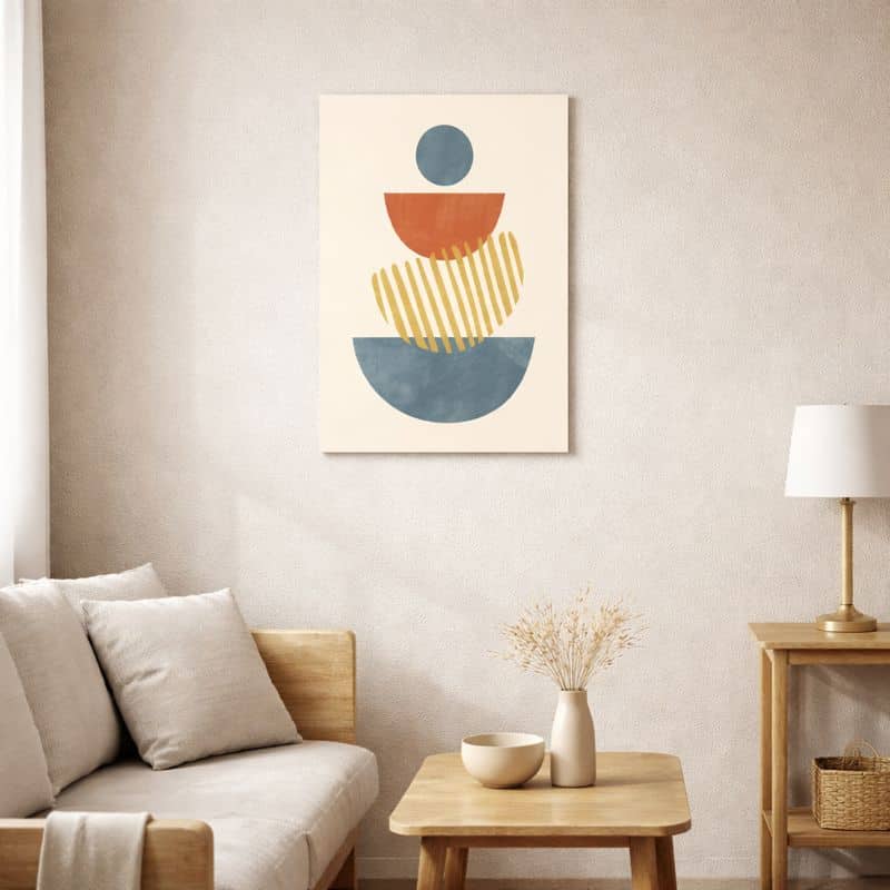 nordic-minimal-abstract-art-scene-10086 北欧ミニマルなリビング空間に飾られた、ジオメトリックなカラーブロック抽象アート(A3サイズ相当・無フレーム)。