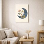 北欧ミニマルなリビング空間に飾られた、ムーンフラワーの抽象ボタニカルアート（A3サイズ相当・無フレーム）。