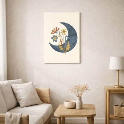 北欧ミニマルなリビング空間に飾られた、ムーンフラワーの抽象ボタニカルアート（A3サイズ相当・無フレーム）。