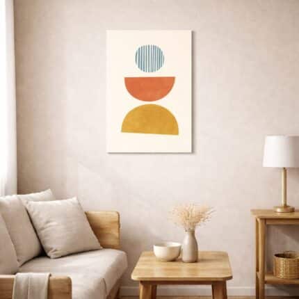 北欧ミニマルなリビング空間に飾られた、ジオメトリックな抽象アート（A3サイズ相当・無フレーム）。