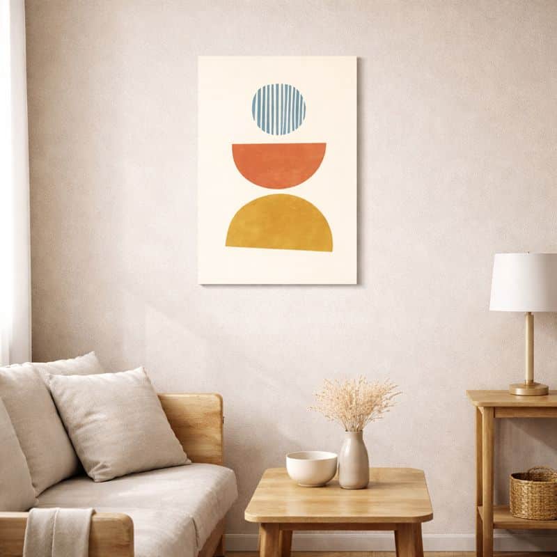 nordic-minimal-abstract-art-scene-10088 北欧ミニマルなリビング空間に飾られた、ジオメトリックな抽象アート(A3サイズ相当・無フレーム)。