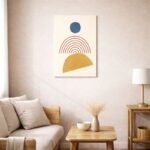 北欧ミニマルなリビング空間に飾られた、アーチライン構成の抽象ジオメトリックアート（A3サイズ相当・無フレーム）。
