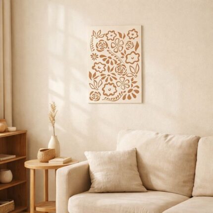 北欧ミニマルなリビング空間に飾られた、ブラウンラインのボタニカルパターン抽象アート（A3サイズ相当）。