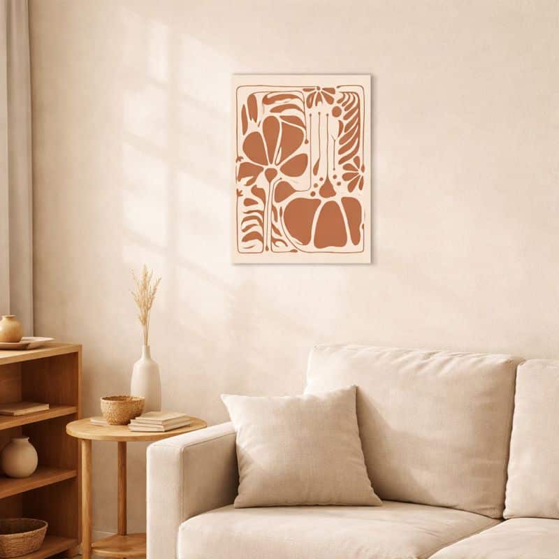 nordic-minimal-abstract-art-scene-10095 北欧ミニマルなリビング空間に飾られた、ブラウンフォルムのボタニカルコンポジション抽象アート(A3サイズ相当)。