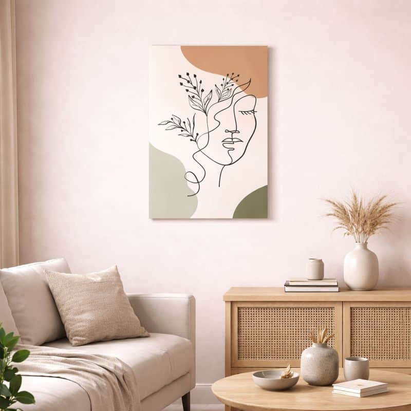 nordic-minimal-abstract-art-scene-10096 北欧ミニマルなリビング空間に飾られた、フェイスラインと植物モチーフを描いた抽象アート(A3サイズ相当)。
