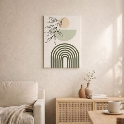 ベージュ背景に、ブラックラインのボタニカルモチーフとアーチフォルムで構成された北欧ミニマル抽象アート作品。