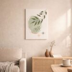 北欧ミニマルなリビング空間に飾られた、ボタニカルリーフとソフトグリーンフォルムの抽象アート（A3サイズ相当）。