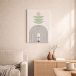 北欧ミニマルなリビング空間に飾られた、アーチラインとレイヤーフォルムの抽象アート（A3サイズ相当）。