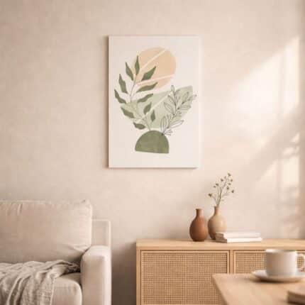 北欧ミニマルなリビング空間に飾られた、ボタニカルリーフとオーガニックフォルムの抽象アート（A3サイズ相当）。