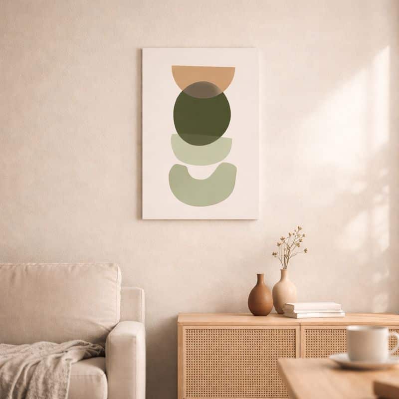 nordic-minimal-abstract-art-scene-10101 北欧ミニマルなリビング空間に飾られた、グリーンフォルムのバランスが美しい抽象アート(A3サイズ相当)。
