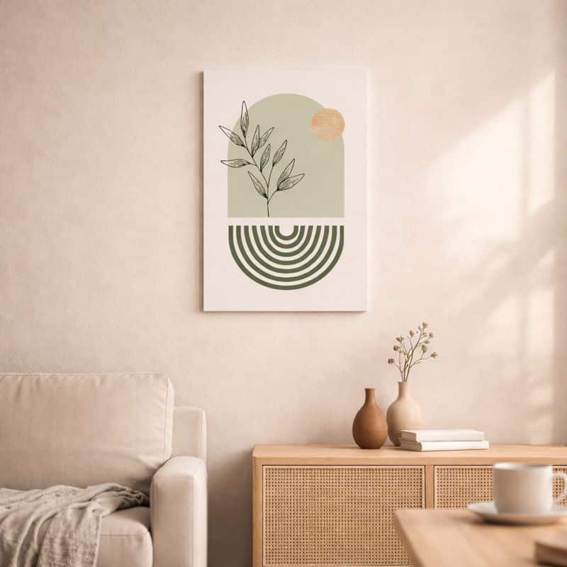 nordic-minimal-abstract-art-scene-10103 北欧ミニマルなリビング空間に飾られた、ボタニカルラインとアーチフォルムの抽象アート(A3サイズ相当)。