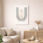北欧ミニマルなリビング空間に飾られた、ブラックラインと幾何構図の抽象アート（A3サイズ相当）。