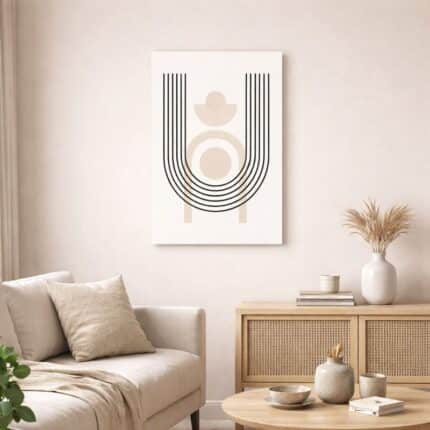 北欧ミニマルなリビング空間に飾られた、ブラックラインと幾何構図の抽象アート（A3サイズ相当）。