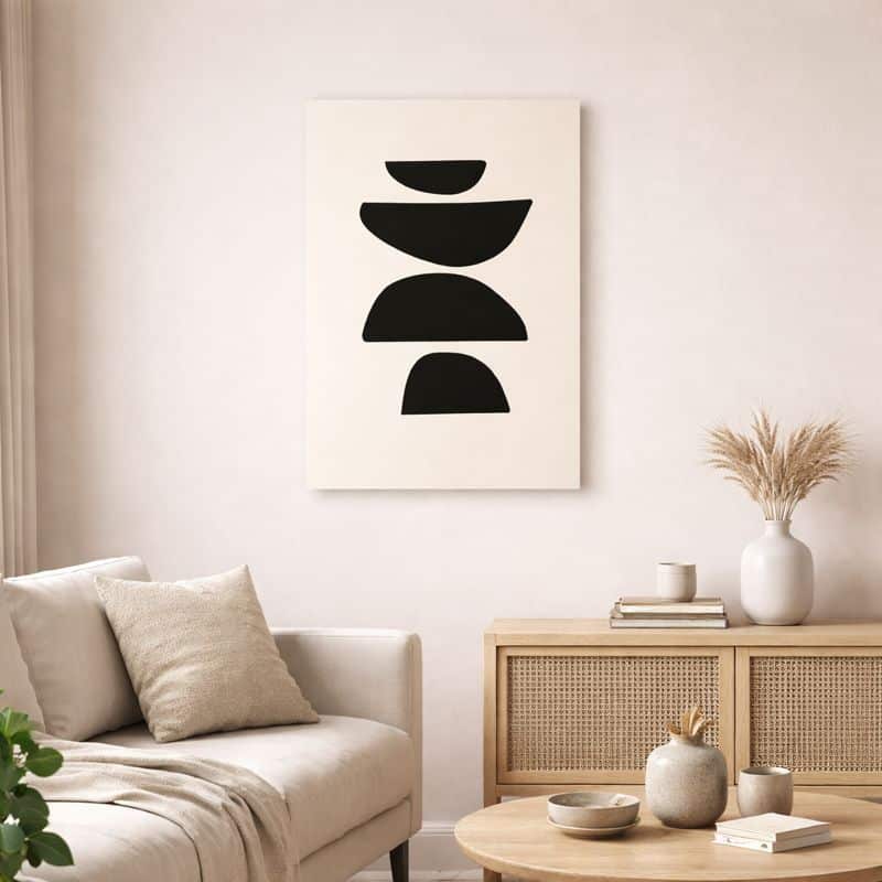 nordic-minimal-abstract-art-scene-10107 北欧ミニマルなリビング空間に飾られた、ブラックシェイプの幾何抽象アート(A3サイズ相当)。