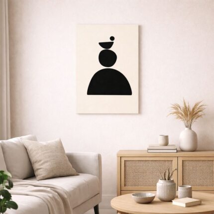 北欧ミニマルなリビング空間に飾られた、ブラックシェイプのバランス構成抽象アート（A3サイズ相当）。