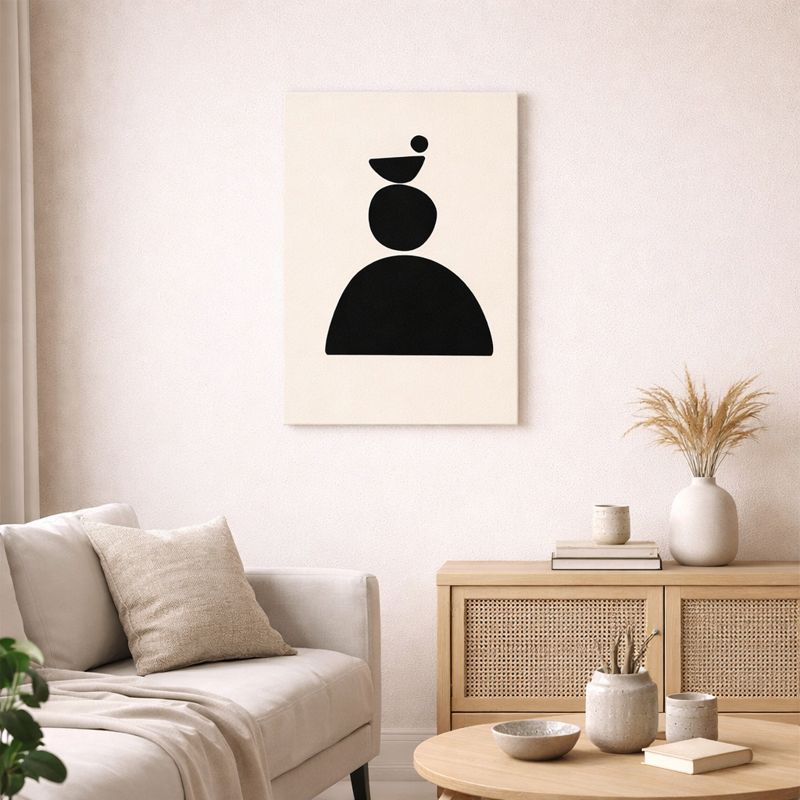 nordic-minimal-abstract-art-scene-10112 北欧ミニマルなリビング空間に飾られた、ブラックシェイプのバランス構成抽象アート(A3サイズ相当)。