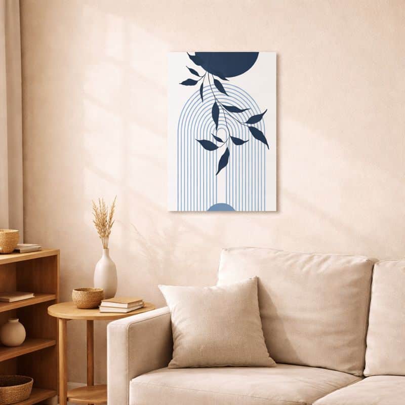 nordic-minimal-abstract-art-scene-10119 北欧ミニマルなリビング空間に飾られた、ブルーアーチとリーフラインの抽象アート(A3サイズ相当)。