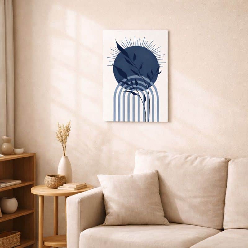 nordic-minimal-abstract-art-scene-10120 北欧ミニマルなリビング空間に飾られた、ブルーサークルとアーチライン、リーフモチーフの抽象アート(A3サイズ相当)。