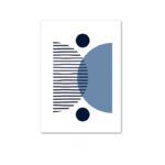 北欧ミニマルなリビング空間に飾られたブルーセミサークルの抽象アート（A3サイズ相当）。