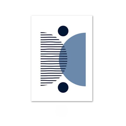 北欧ミニマルなリビング空間に飾られたブルーセミサークルの抽象アート（A3サイズ相当）。