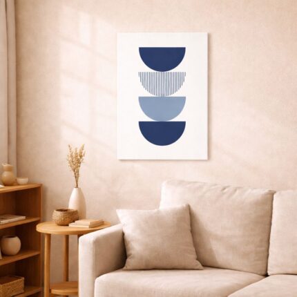 北欧ミニマルなリビング空間に飾られたブルーセミサークルの抽象アート（A3サイズ相当）。