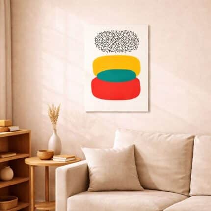 北欧ミニマルなリビング空間に飾られた、カラーブロック構成の抽象アート（A3サイズ相当）。