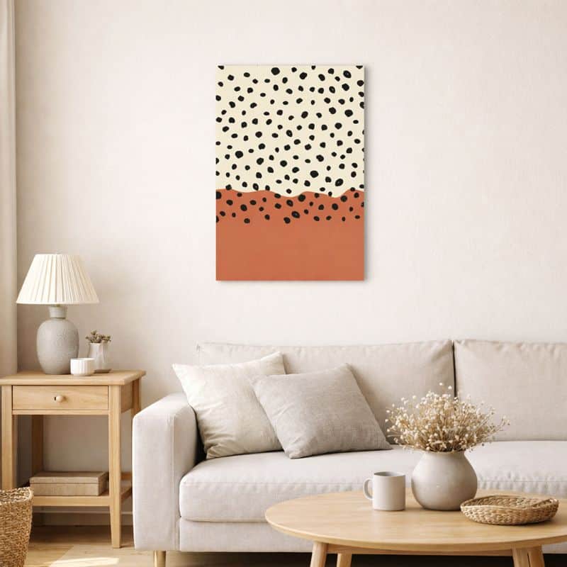 nordic-minimal-abstract-art-scene-10126 北欧ミニマルなリビング空間に飾られた、テラコッタカラーとブラックドットの抽象アート(A3サイズ相当)。