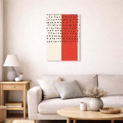 北欧ミニマルなリビング空間に飾られた、レッドブロックとブラックドットの抽象アート（A3サイズ相当）。